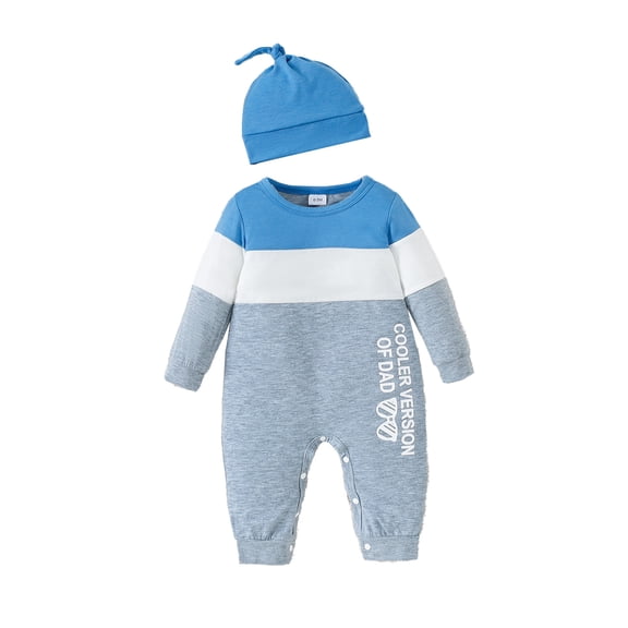 KIMI BEAR Newborn Baby Boys Bodysuits Fall Round Neck Long Sleeves Romper Color Matching One-piece with Hat 2pcs Blue 3-6 Months