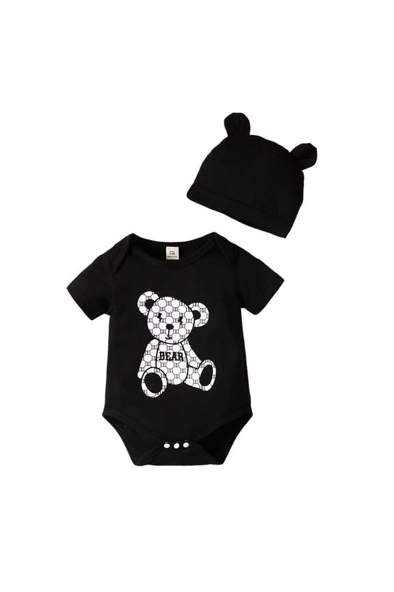 Newborn Baby Boys Clothes 0 Months Newborn Boy Spring Summer Bodysuits 1 Months Newborn Boy Monogrammed Bear Print Short Sleeve Triangle Romper + Hat 2PCS Set Black