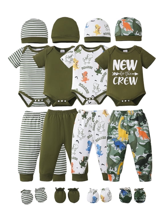 Newborn Baby Boys Layette Essentials 0-3 Months Romper Pants Gift Sets 4 Packs Short Sleeves Dinosaur Print Bodysuit Tops Pants Set with Hats and Mittens 16pcs Outfits Green