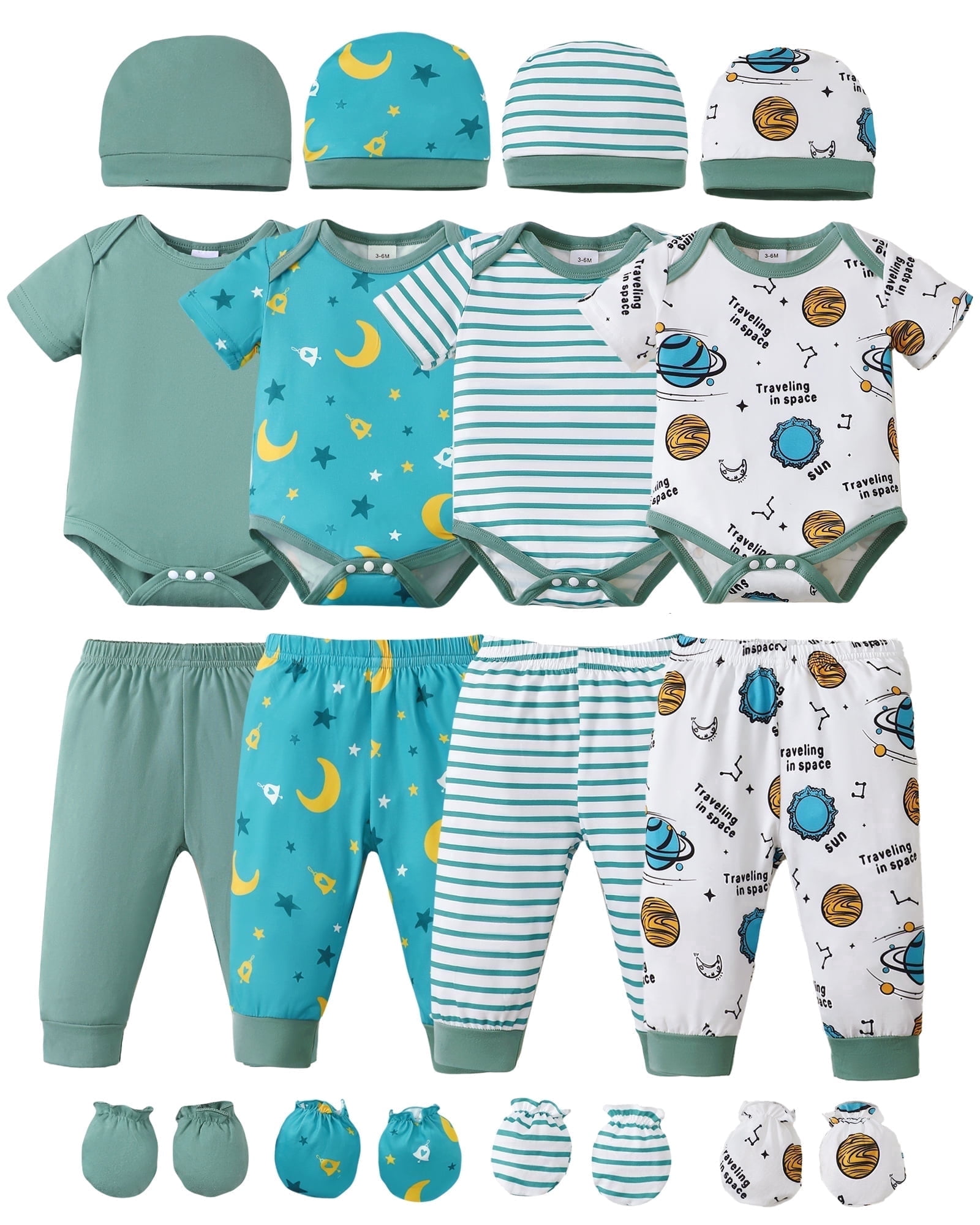 KIMI BEAR Newborn Baby Boys Layette Essentials 9-12 Months Romper Pants Gift Sets 4 Packs Short Sleeves Bodysuit Tops Pants Set with Hats and Gloves 16pcs Outfits Green