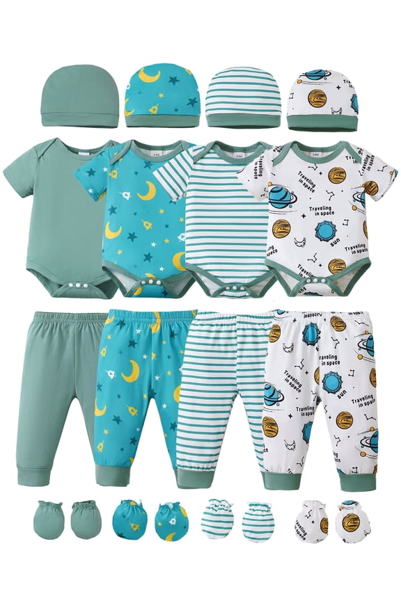 Newborn Baby Boys Layette Essentials Romper Pants Gift Sets 4 Packs Short Sleeves Bodysuit Tops Pants Set with Hats and Gloves 16pcs Outfits Green NB