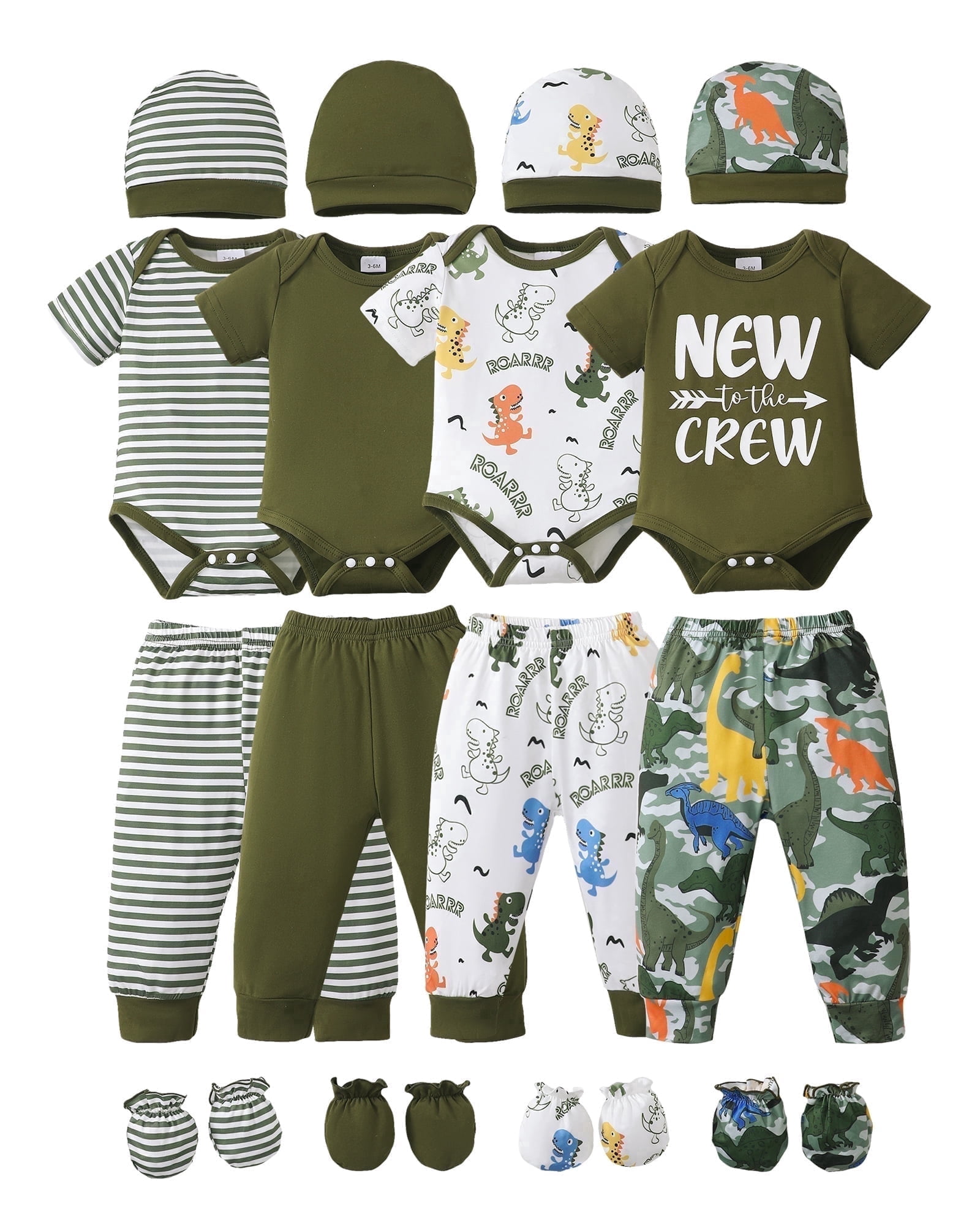 KIMI BEAR Newborn Baby Boys Layette Essentials Romper Pants Gift Sets 4 Packs Short Sleeves Dinosaur Print Bodysuit Tops Pants Set with Hats and Gloves 16pcs Outfits Green NB