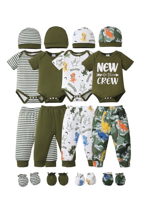 Newborn Baby Boys Layette Essentials Romper Pants Gift Sets 4 Packs Short Sleeves Dinosaur Print Bodysuit Tops Pants Set with Hats and Gloves 16pcs Outfits Green NB