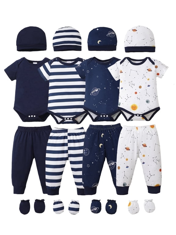 Newborn Baby Boys Layette Essentials Set Summer Clothes Romper Pants Set Hat 4-Pack Outfits 16pcs Blue NB