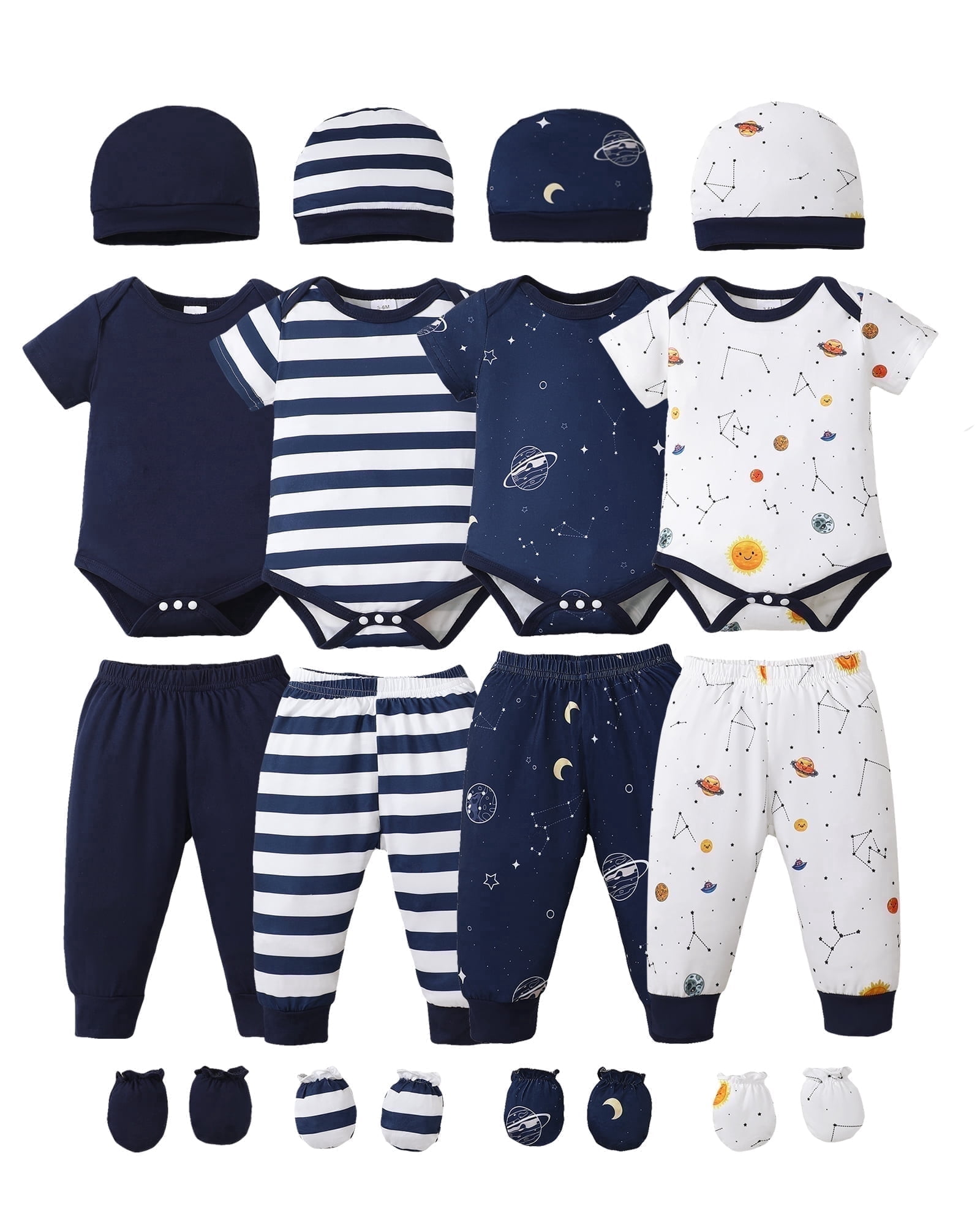 KIMI BEAR Newborn Baby Boys Layette Essentials Set Summer Clothes Romper Pants Set Hat 4-Pack Outfits 16pcs Blue NB