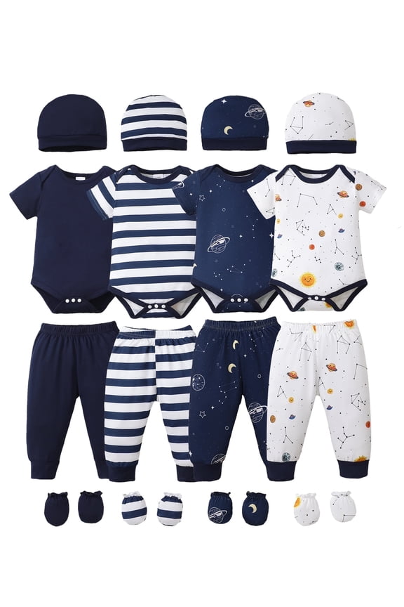 Newborn Baby Boys Layette Gift Set 0-3 Months Summer Outfits 4 Packs Short Sleeves Romper Top + Pants + Hats + Gloves 16pcs Blue