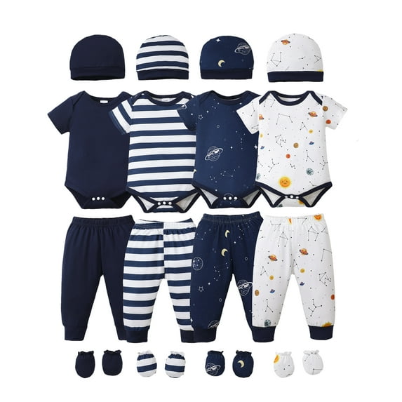 KIMI BEAR Newborn Baby Boys Layette Gift Set 6-9 Months Summer Outfits 4 Packs Short Sleeves Romper Top + Pants + Hats + Gloves 16pcs Blue