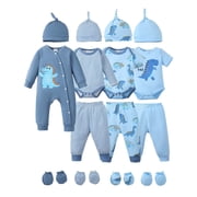 KIMI BEAR Newborn Baby Boys Layette Set 0-3 Months Shower Gift 4-Packs Pant Sets Romper Set Short Sleeves Long Sleeves Romper Dinosaur Print Clothes with Hats and Gloves 15pcs Clothes Blue