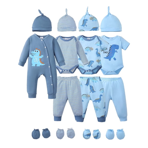 KIMI BEAR Newborn Baby Boys Layette Set 0-3 Months Shower Gift 4-Packs Pant Sets Romper Set Short Sleeves Long Sleeves Romper Dinosaur Print Clothes with Hats and Gloves 15pcs Clothes Blue