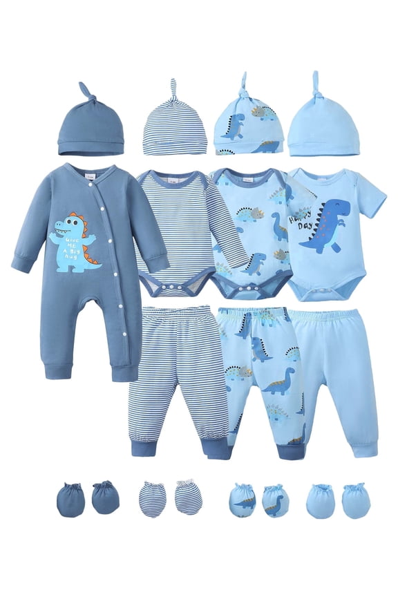 Newborn Baby Boys Layette Set 0-3 Months Shower Gift 4-Packs Pant Sets Romper Set Short Sleeves Long Sleeves Romper Dinosaur Print Clothes with Hats and Gloves 15pcs Clothes Blue