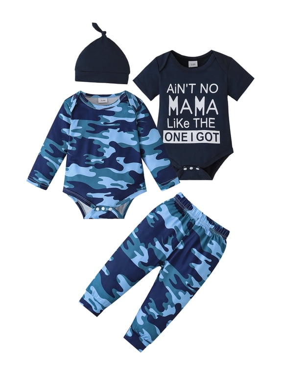 Newborn Baby Boys Layette Set 2-Packs Clothes Shower Gift Sets Short Sleeves Romper Long Sleeves Tops Letter Print Camouflage Pants Sets with Hat 4pcs Clothing Blue Preemie