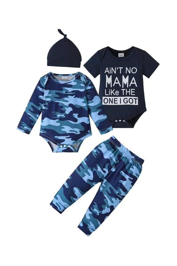 Newborn Baby Boys Layette Set 2-Packs Clothes Shower Gift Sets Short Sleeves Romper Long Sleeves Tops Letter Print Camouflage Pants Sets with Hat 4pcs Clothing Blue Preemie