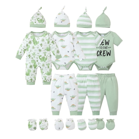 KIMI BEAR Newborn Baby Boys Layette Set 4 Packs 3-6 Months Shower Gift Sets Romper Top Pants Set Short Sleeves Tops Dinosaurs Print Striped Outfits with Bodysuits 15pcs Essential Clothes Green