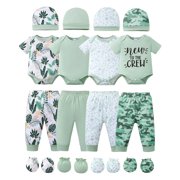 Newborn Baby Boys Layette Set 4 Packs 3-6 Months Shower Gift Sets Romper Top Pants Set Short Sleeves Tops Letter Print Leaves Outfits Clothing 16pcs Essential C