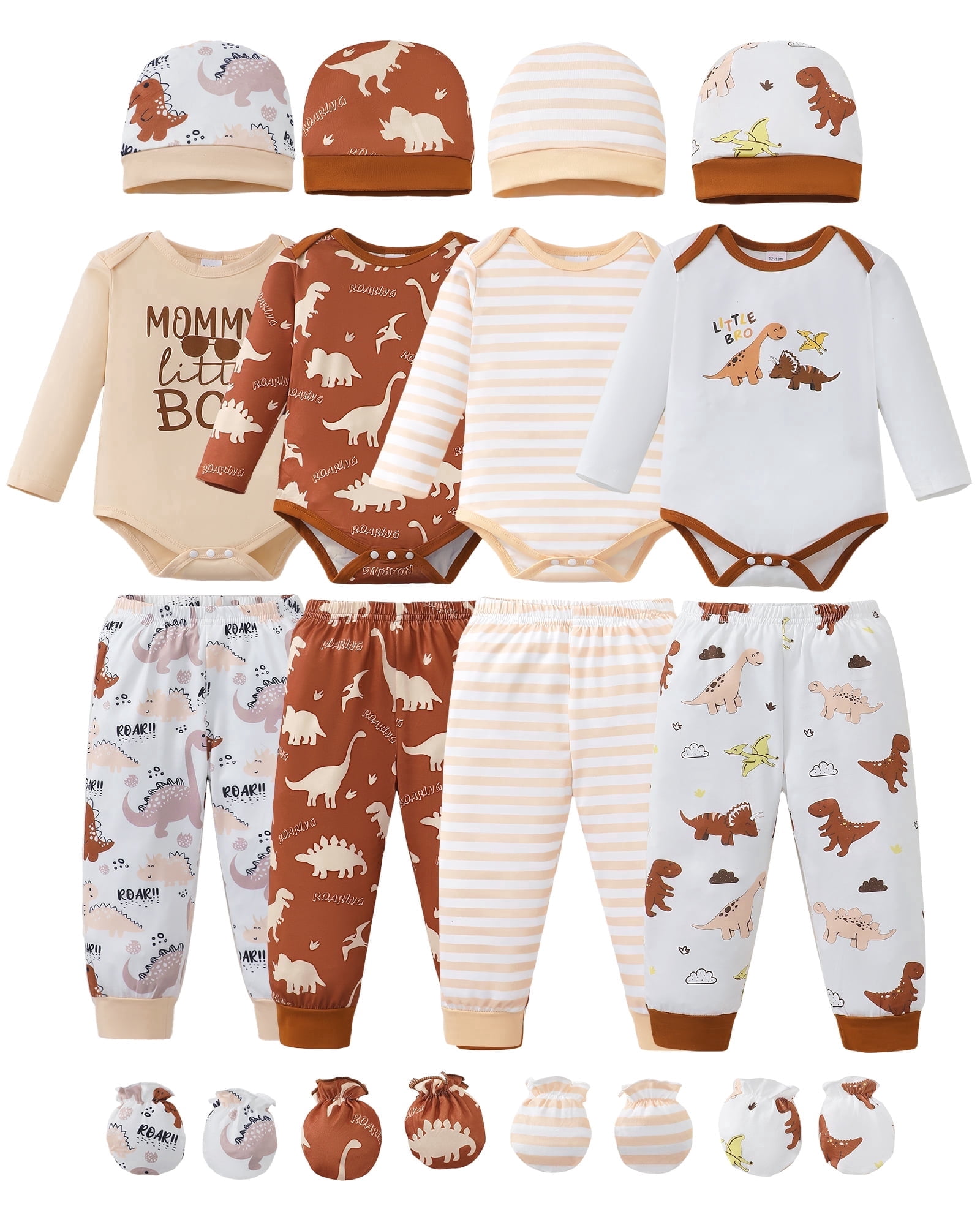 KIMI BEAR Newborn Baby Boys Layette Set 4 Packs Outfits Winter Clothes Sets Long Sleeves Romper Pants Dinosaur Print Stripped Top with Hat and Gloves 16pcs Gifts Brown 6-9 Months
