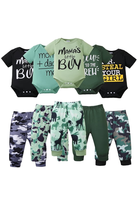 Newborn Baby Boys Layette Set 5 Packs 0-3 Months Shower Gift Sets Romper Top Pants Set Short Sleeves Tops Letter Print Camouflage Outfits Clothing Summer 10pcs Essential Clothes Multicolor