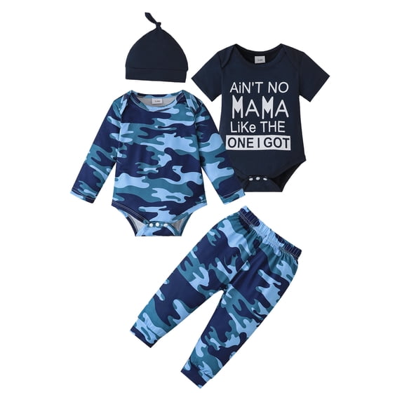 KIMI BEAR Newborn Baby Boys Layette Set 6-12 Months 2-Packs Clothes Shower Gift Sets Short Sleeves Romper Long Sleeves Tops Letter Print Camouflage Pants Sets with Hat 4pcs Clothing Blue