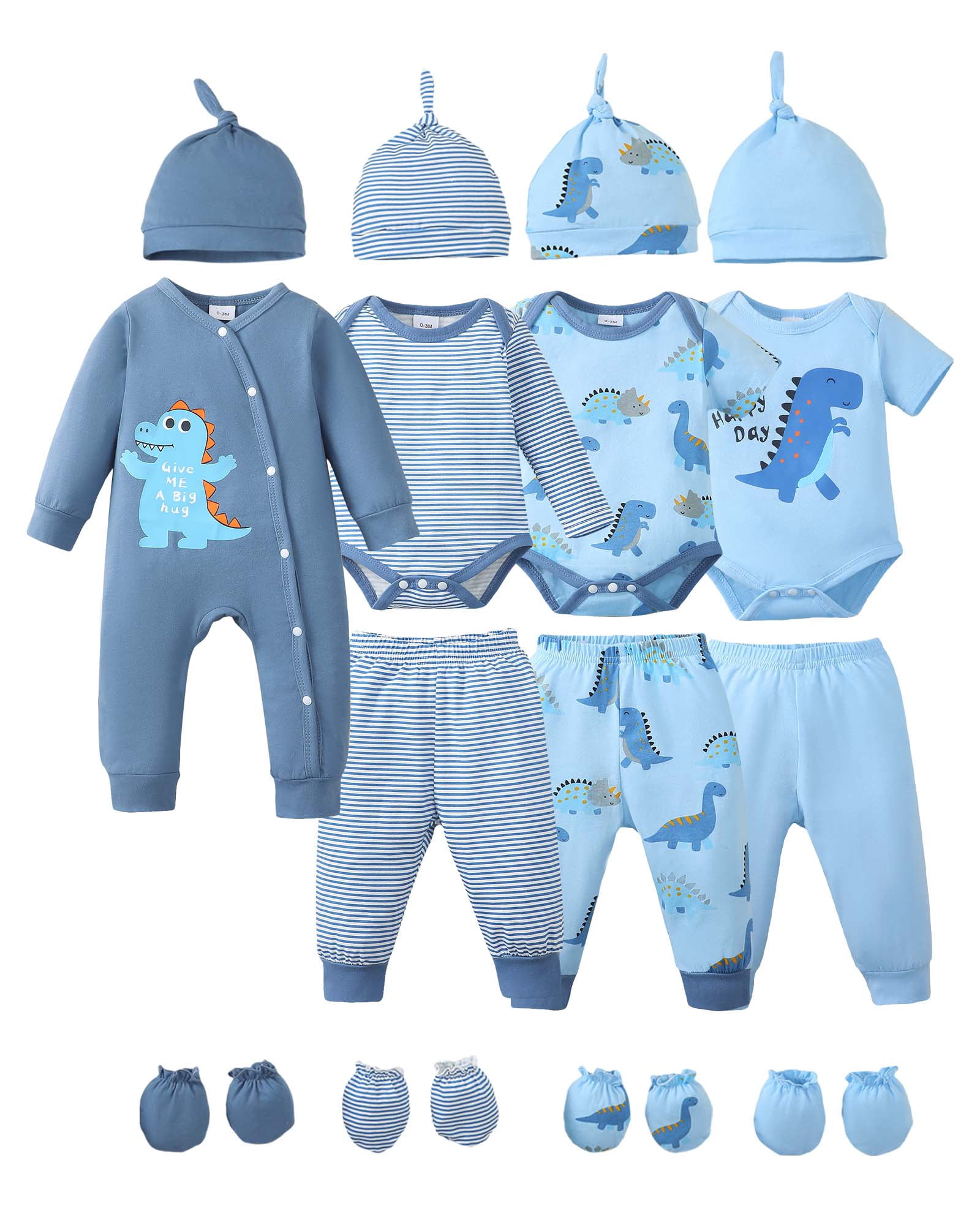 KIMI BEAR Newborn Baby Boys Layette Set 6-12 Months Shower Gift 4-Packs Pant Sets Romper Set Short Sleeves Long Sleeves Romper Dinosaur Print Clothes with Hats and Gloves 15pcs Clothes Blue