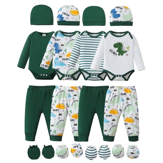 KIMI BEAR Newborn Baby Boys Layette Set 6-9 Months Winter Outfits Long Sleeves Dinosaur Print Romper Top Pants Gloves Hats 4 Packs Shower Gifts 16 Piece Set Green