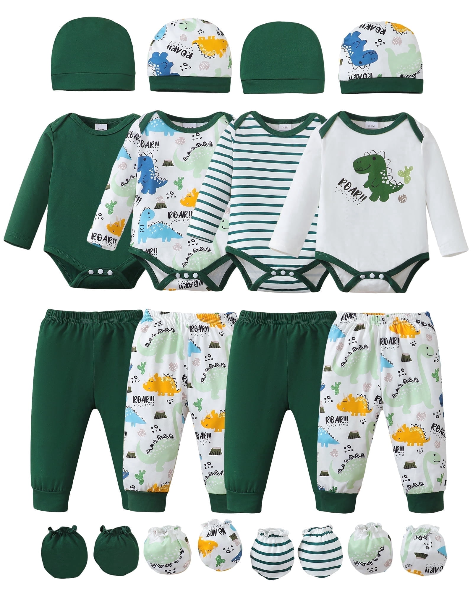 KIMI BEAR Newborn Baby Boys Layette Set 9-12 Months Winter Outfits Long Sleeves Dinosaur Print Romper Top Pants Gloves Hats 4 Packs Shower Gifts 16 Piece Set Green