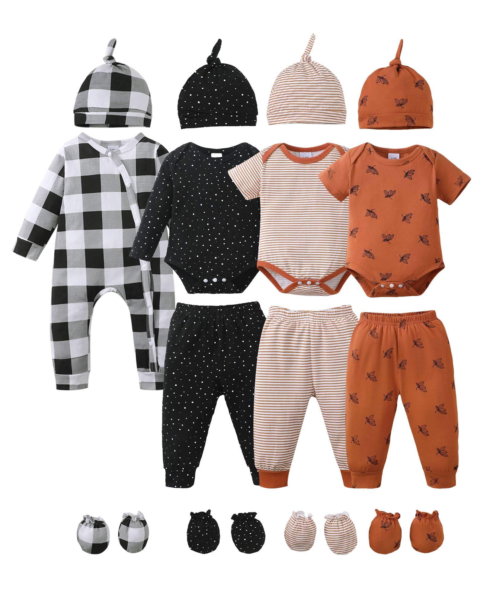 KIMI BEAR Newborn Baby Boys Layette Set Shower Gift Romper Set 4-Packs Pant Sets Short Sleeves Romper Top Long Sleeves Tops Plaid Leaves Print Clothes with Hats and Gloves Multiclolor NB