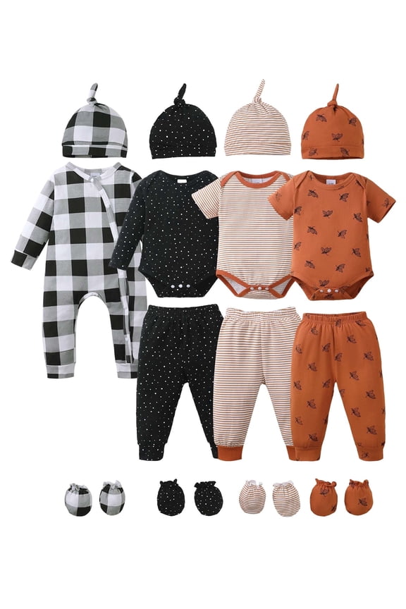Newborn Baby Boys Layette Set Shower Gift Romper Set 4-Packs Pant Sets Short Sleeves Romper Top Long Sleeves Tops Plaid Leaves Print Clothes with Hats and Gloves Multiclolor Preemie