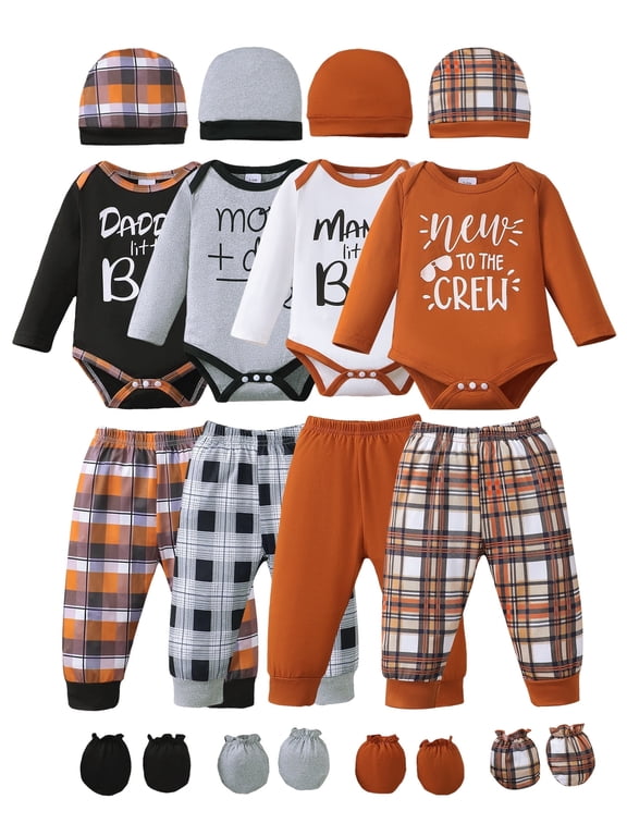 Newborn Baby Boys Layette Set Winter Outfits Long Sleeves Romper Set Letter Print Top Plaid Pants with Hats and Gloves 16pcs Clothing Brown 3-6 Months