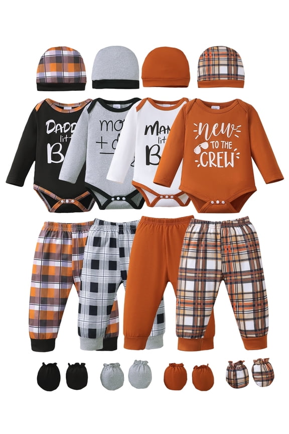 Newborn Baby Boys Layette Set Winter Outfits Long Sleeves Romper Set Letter Print Top Plaid Pants with Hats and Gloves 16pcs Clothing Brown 3-6 Months