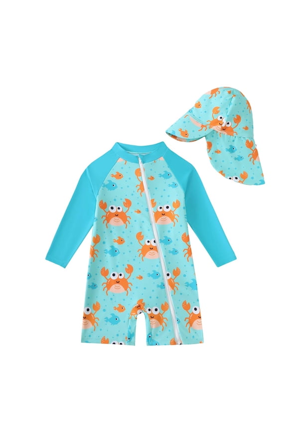 Newborn Baby Boys One-piece Swimsuit 0-3 Months Swimwear Full Zipper UPF 50+ Sun Protection Crab Print One Piece Bathing Suit Rash Guard and Hat Beachwear Sunsuit Blue