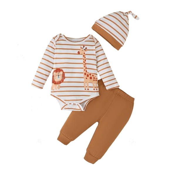 KIMI BEAR Newborn Baby Boys Outfit Set 0-3 Months Clothing Long Sleeves Romper Striped Giraffe Print Top Solid Color Pants with Hat 3pcs Clothes Brown
