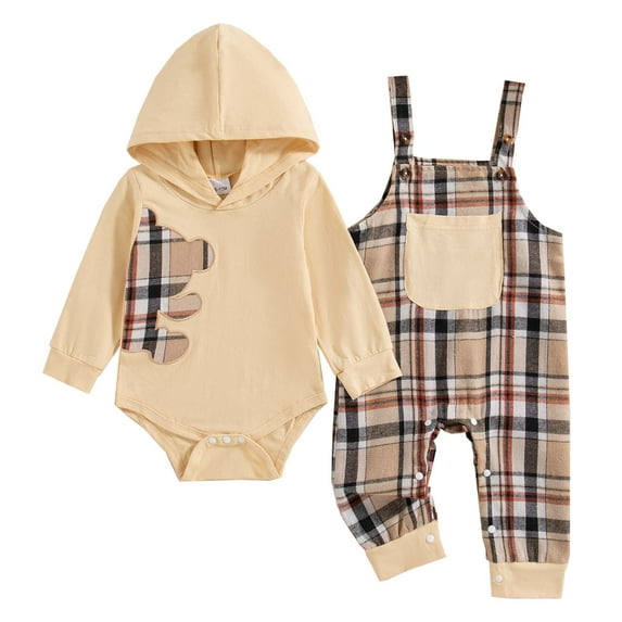 KIMI BEAR Newborn Baby Boys Outfit Set 6-12 Months Winter Clothes Long Sleeves Bear Print Romper Hoodie Top Plaid Suspender Pants Pocket 2pcs Casual Clothing Apricot