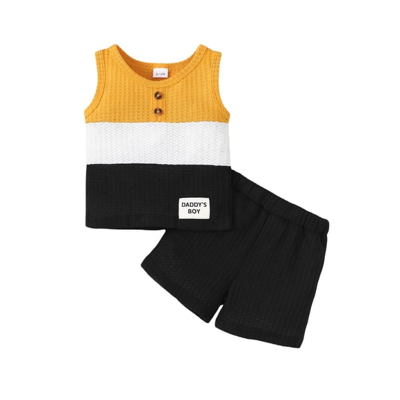 KIMI BEAR Newborn Baby Boys Outfits 6-12 Months Summer Clothes Sets Sleeveless Color Block Tank Top Solid Color Shorts Set 2pcs Clothing Yellow