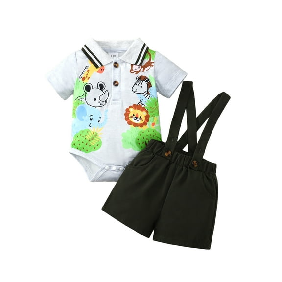 KIMI BEAR Newborn Baby Boys Outfits 6-12 Months Summer Clothing Set Short Sleeves Animals Print Lion Romper Top Solid Color Suspender Shorts Sets Jumpsuit 2pcs Gray