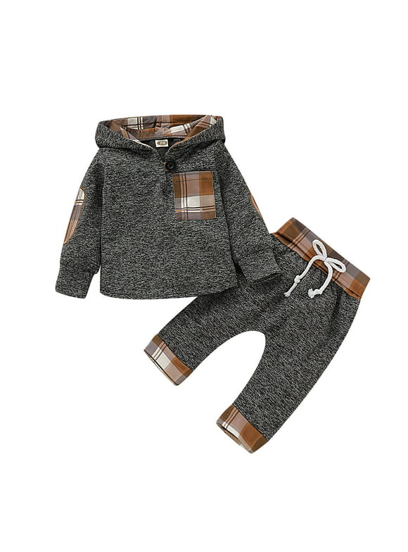 KIMI BEAR Newborn Baby Boys Outfits 6 Months Newborn Boy Autumn Winter Outfits 9 Months Newborn Boy Cozy Hooded Plaid Long Sleeves Top + Pants 2PCs Set Beige