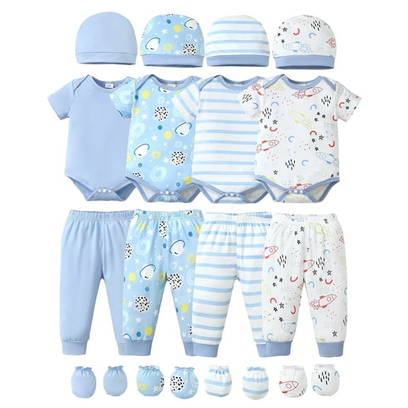 KIMI BEAR Newborn Baby Boys Outfits Sets 4 Packs 0-3 Months Summer Clothes Sets Short Sleeves Romper Top Elastic Pants with Hats and Gloves 16pcs Layette Essentials Blue