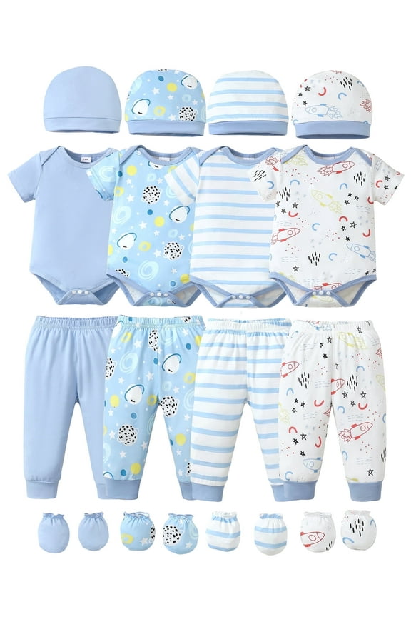Newborn Baby Boys Outfits Sets 4 Packs 0-3 Months Summer Clothes Sets Short Sleeves Romper Top Elastic Pants with Hats and Gloves 16pcs Layette Essentials Blue