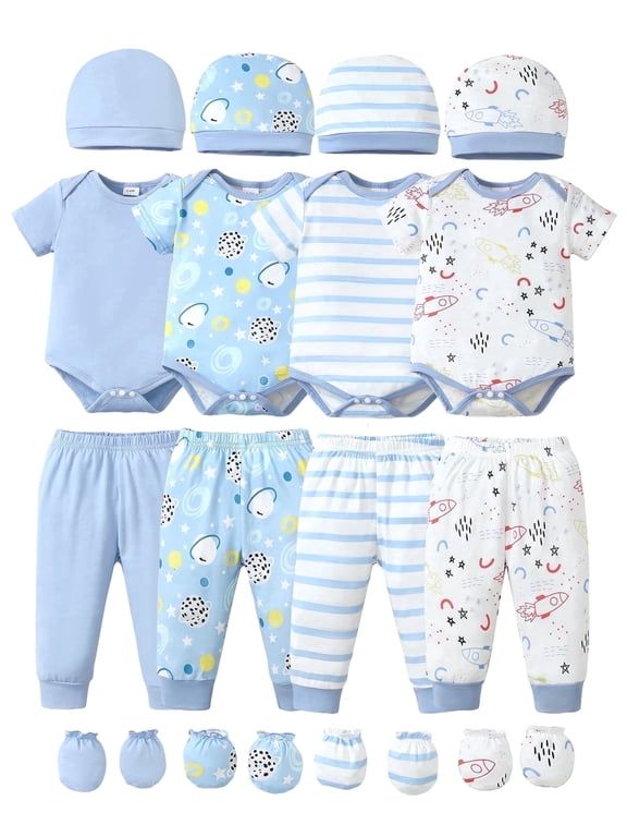 Newborn Baby Boys Outfits Sets 4 Packs 0-3 Months Summer Clothes Sets Short Sleeves Romper Top Elastic Pants with Hats and Mittens 16pcs Layette Essentials Blue