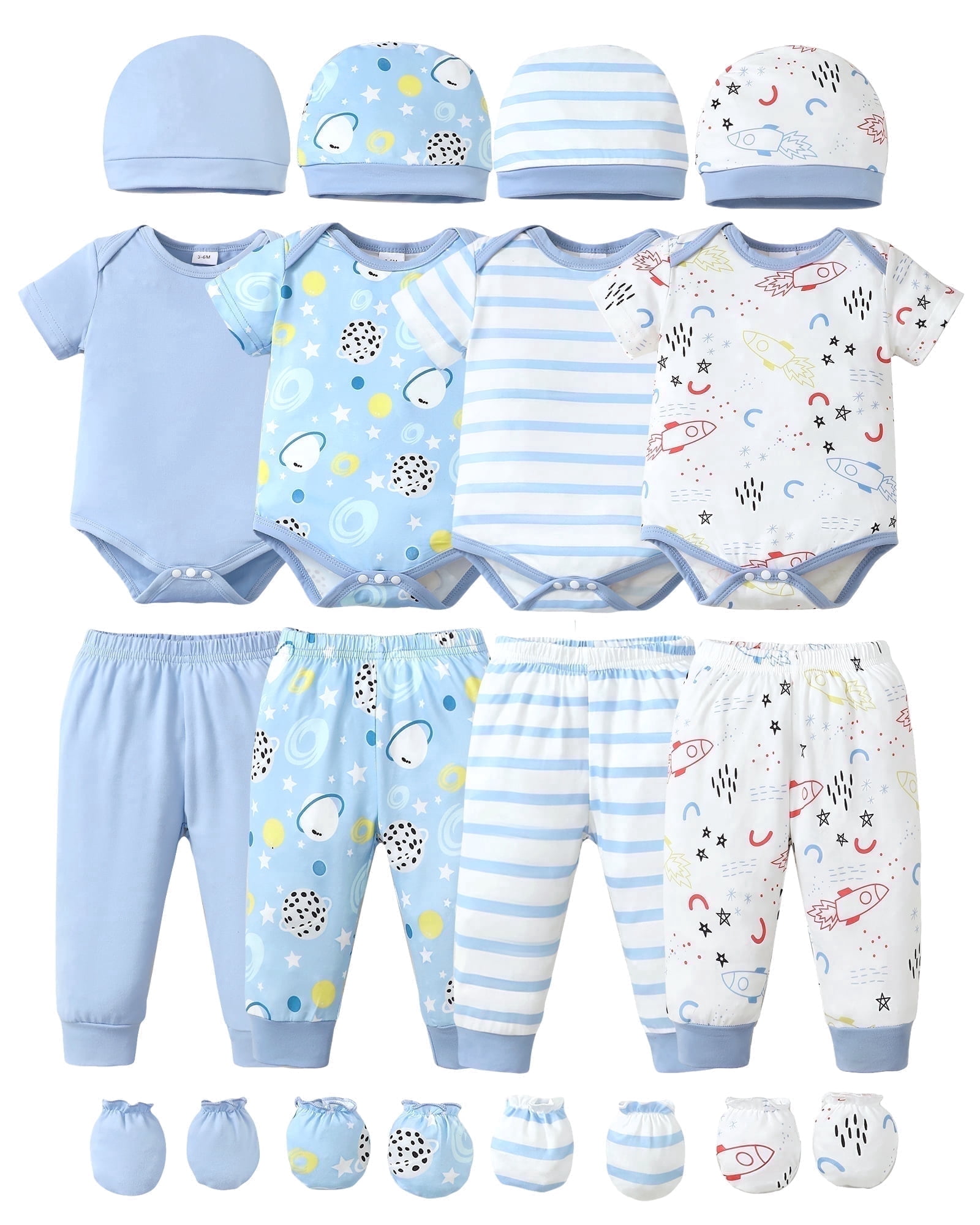 KIMI BEAR Newborn Baby Boys Outfits Sets 4 Packs 6-9 Months Summer Clothes Sets Short Sleeves Romper Top Elastic Pants with Hats and Gloves 16pcs Layette Essentials Blue