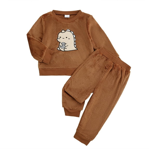 KIMI BEAR Newborn Baby Boys Pant Sets Dinosaur Long Sleeves Tops Solid Color Pants 2pcs Outfit Sets Fall Winter Clothes Brown 9-12 Months