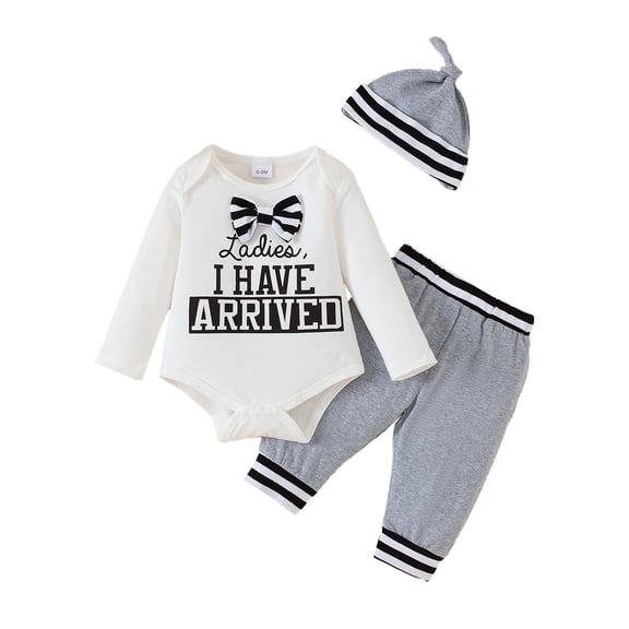 KIMI BEAR Newborn Baby Boys Pant Sets Fall Clothing Sets Bowknot Long Sleeves Romper Tops Sweatpants with Hat 3pcs Outfits 6-12 Months