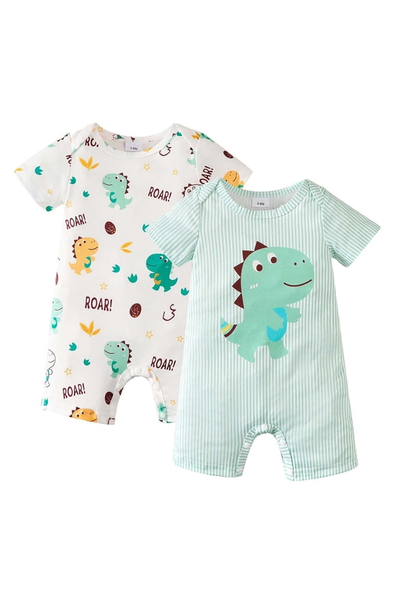 Newborn Baby Boys Romper 0-3 Months Summer Clothing 2 Packs Short Sleeves Bodysuit Dinosaurs Print One Piece Jumpsuits Clothes Multicolor