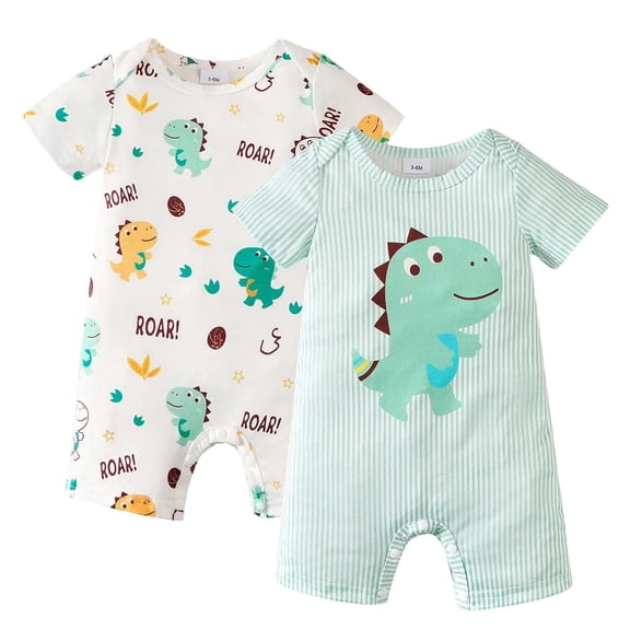 KIMI BEAR Newborn Baby Boys Romper 0-3 Months Summer Clothing 2 Packs Short Sleeves Bodysuit Dinosaurs Print One Piece Jumpsuits Clothes Multicolor