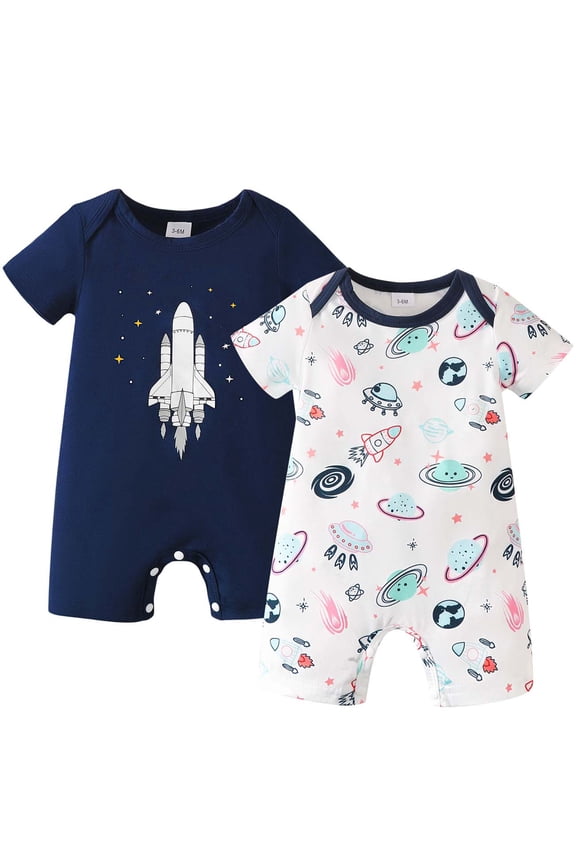 Newborn Baby Boys Romper 0-3 Months Summer Clothing 2 Packs Short Sleeves Bodysuit Rockets Print One Piece Jumpsuits Clothes Multicolor