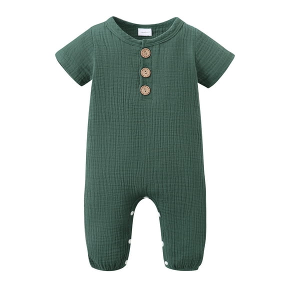 KIMI BEAR Newborn Baby Boys Romper 3-6 Months Summer Clothes Short Sleeves Solid Color Jumpsuit Button Bottom One-piece Overalls Green