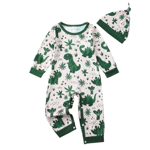 KIMI BEAR Newborn Baby Boys Romper 3-6 MonthsJumpsuit Long Sleeves Dinosaur Print Overalls Button Bottom Clothing with Hat 2pcs Clothes Newborn Baby Shower Gift Set Blue