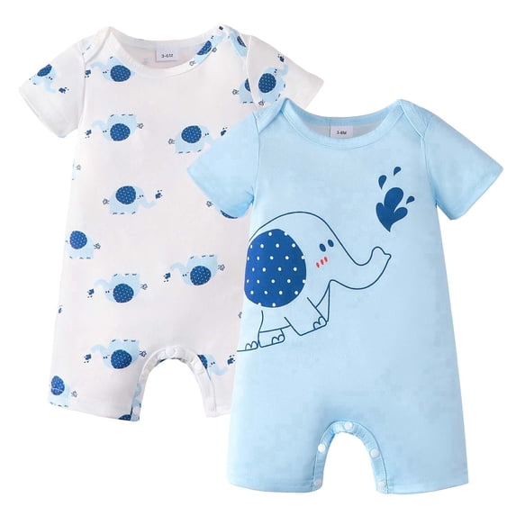 KIMI BEAR Newborn Baby Boys Romper 6-12 Months Summer Clothing 2 Packs Short Sleeves Bodysuit Elephants Print One Piece Jumpsuits Clothes Multicolor