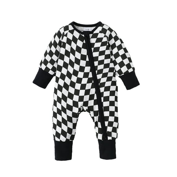 KIMI BEAR Newborn Baby Boys Romper Round Neck Long Sleeves Bodysuits Checkerboard Print Plaid Print One-piece Black 3-6 Months