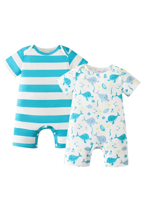 Newborn Baby Boys Rompers 0-3 Months Summer Clothing 2 Packs Short Sleeves Bodysuit Whale Print Striped One-piece Jumpsuit Clothes Blue