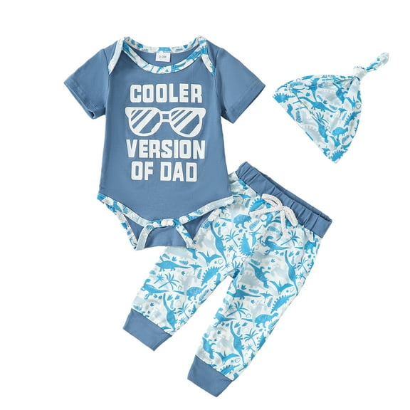 KIMI BEAR Newborn Baby Boys Summer Clothes Sets 3-6 Months Outfits Short Sleeves Romper Letter Print Top Dinosaur Pants with Hat 3PCS Blue