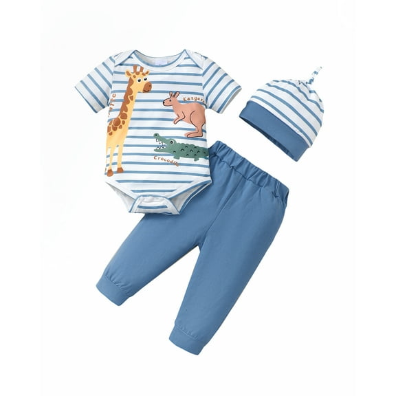KIMI BEAR Newborn Baby Boys Summer Outfit Sets 0-3 Months Short Sleeves Striped Romper Top Animal Print Top Solid Color Pants with Hat 3pcs Clothes Blue